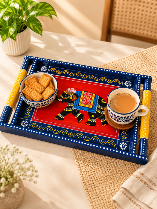 Blue Wooden Serving Tray with Hand-Painted Elephant Design, Traditional Indian Decorative Tray