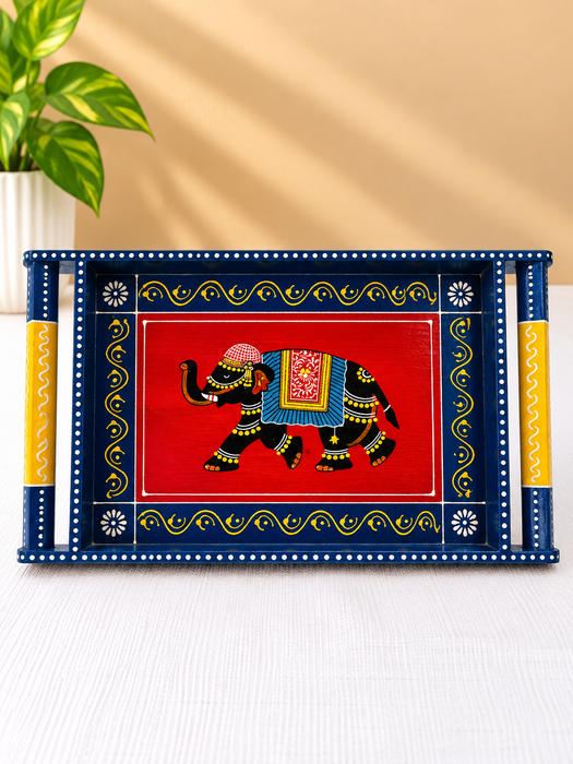 Blue Wooden Serving Tray with Hand-Painted Elephant Design, Traditional Indian Decorative Tray