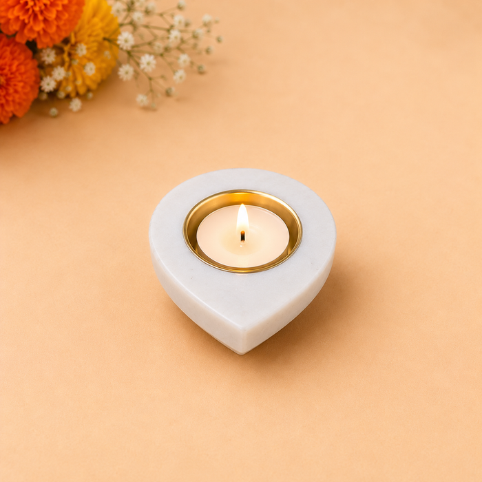 Set of 4 Handmade Marble Diyas with Golden Candle Holder, Decorative Indian Diya Set