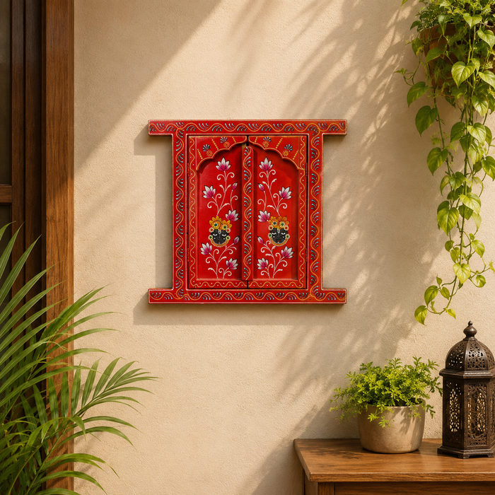 Hand Painted Wooden Jharokha Wall Decor | Rajasthani Krishna Wall Art