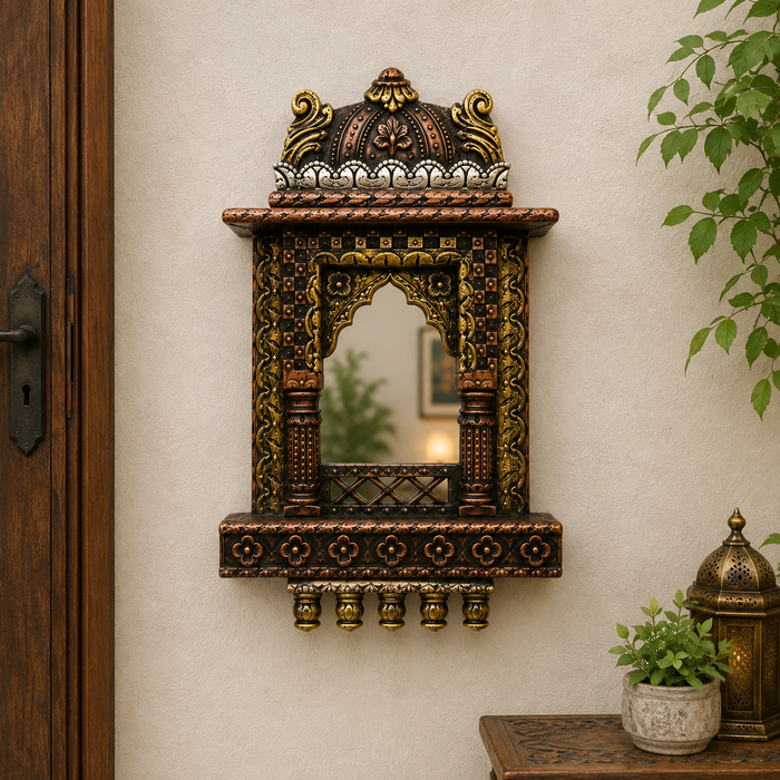 Handcrafted Wooden Jharokha Wall Shelf with Mirror, Indian Wall Decor