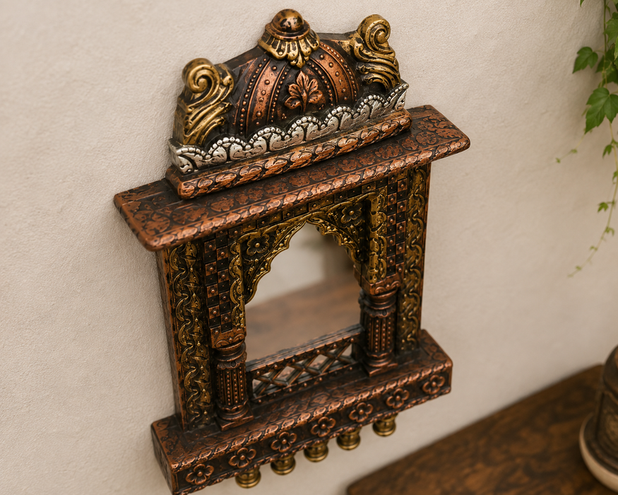 Handcrafted Wooden Jharokha Wall Shelf with Mirror, Indian Wall Decor