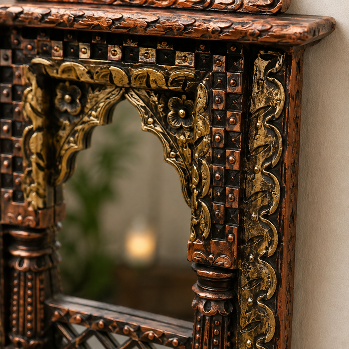 Handcrafted Wooden Jharokha Wall Shelf with Mirror, Indian Wall Decor