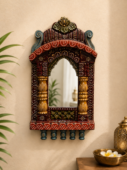 Handcrafted Wooden Jharokha Mirror Wall Decor, Indian Traditional Wall Art