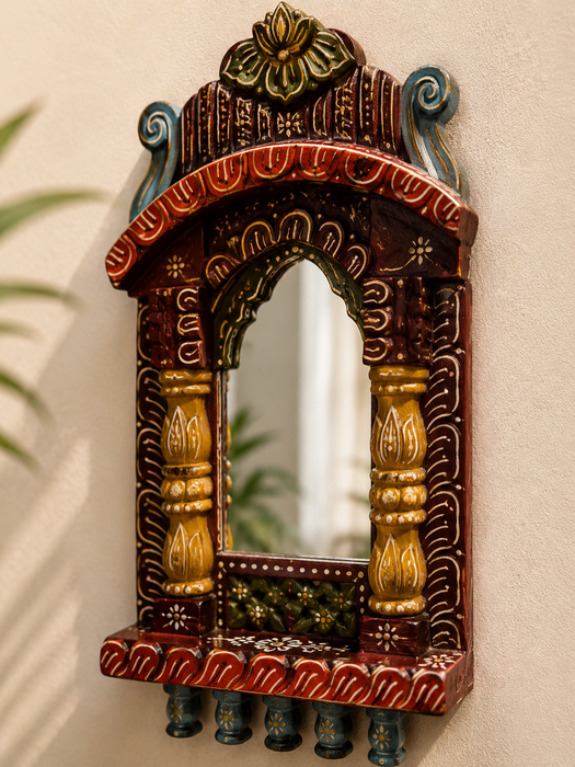 Handcrafted Wooden Jharokha Mirror Wall Decor, Indian Traditional Wall Art