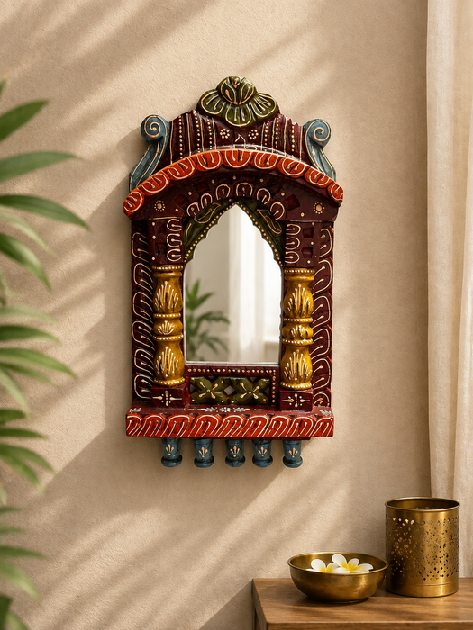 Handcrafted Wooden Jharokha Mirror Wall Decor, Indian Traditional Wall Art
