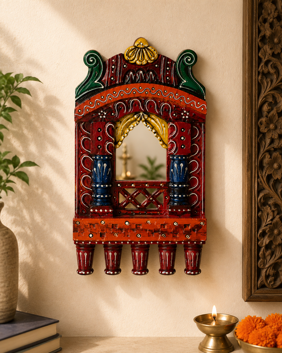 Handcrafted Wooden Jharokha Mirror Wall Decor, Indian Traditional Wall Art