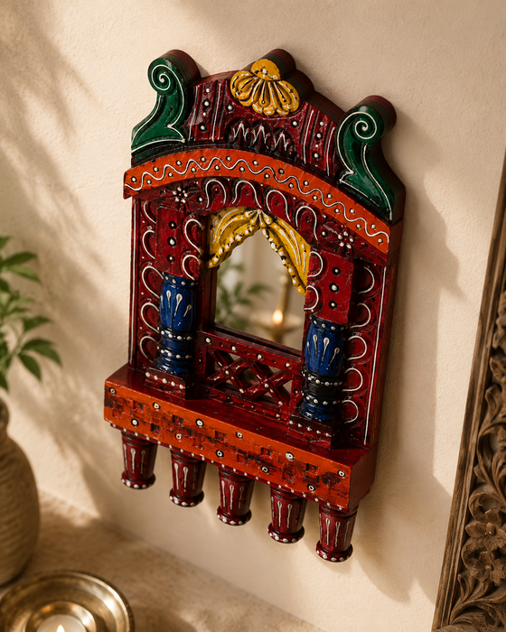 Handcrafted Wooden Jharokha Mirror Wall Decor, Indian Traditional Wall Art