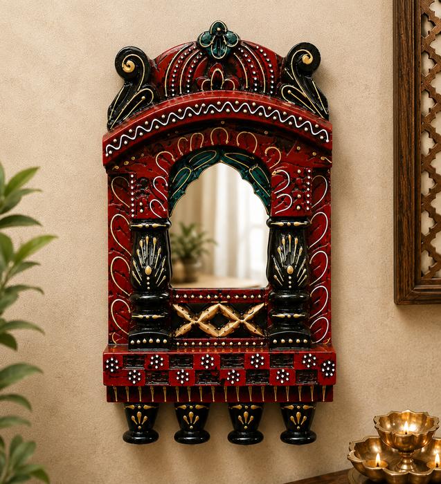 Handcrafted Wooden Jharokha Mirror Wall Decor, Traditional Indian Home Décor
