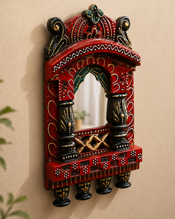 Handcrafted Wooden Jharokha Mirror Wall Decor, Traditional Indian Home Décor