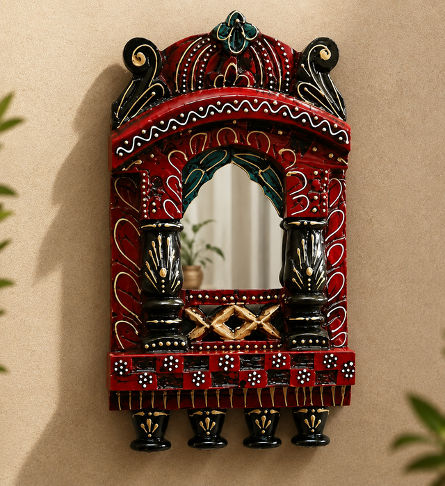 Handcrafted Wooden Jharokha Mirror Wall Decor, Traditional Indian Home Décor