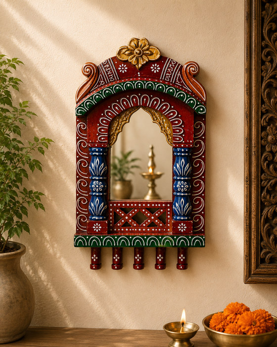 Handcrafted Wooden Jharokha Mirror Wall Decor, Traditional Indian Home Décor
