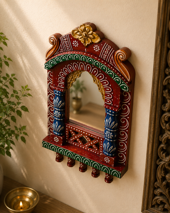 Handcrafted Wooden Jharokha Mirror Wall Decor, Traditional Indian Home Décor