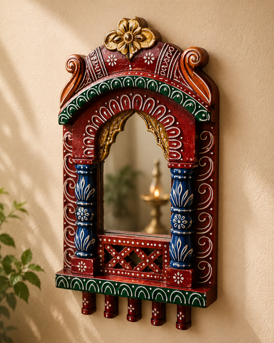 Handcrafted Wooden Jharokha Mirror Wall Decor, Traditional Indian Home Décor