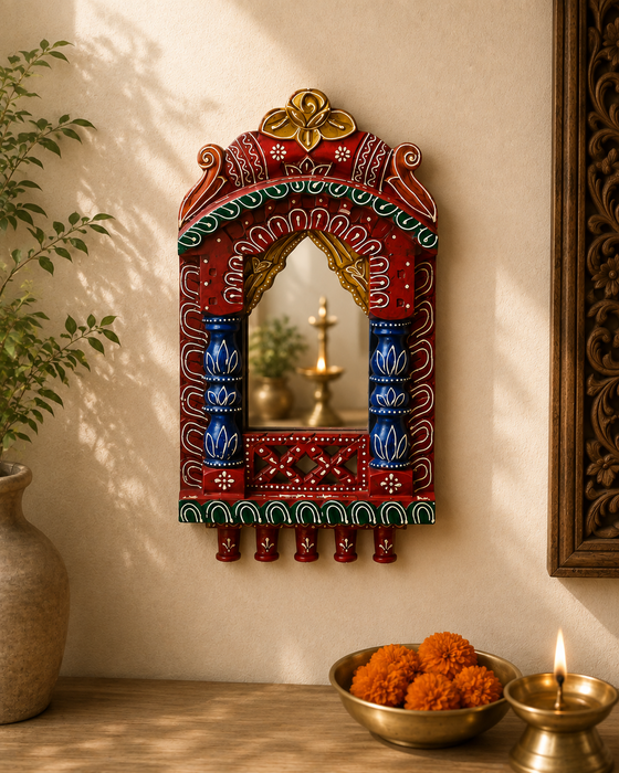Handcrafted Wooden Jharokha Mirror Wall Decor, Traditional Indian Home Décor