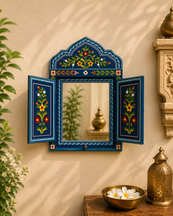 Handcrafted Wooden Floral Jharokha Wall Decor, Traditional Indian Wall Art
