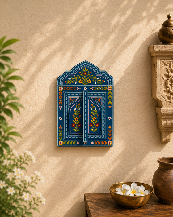 Handcrafted Wooden Floral Jharokha Wall Decor, Traditional Indian Wall Art