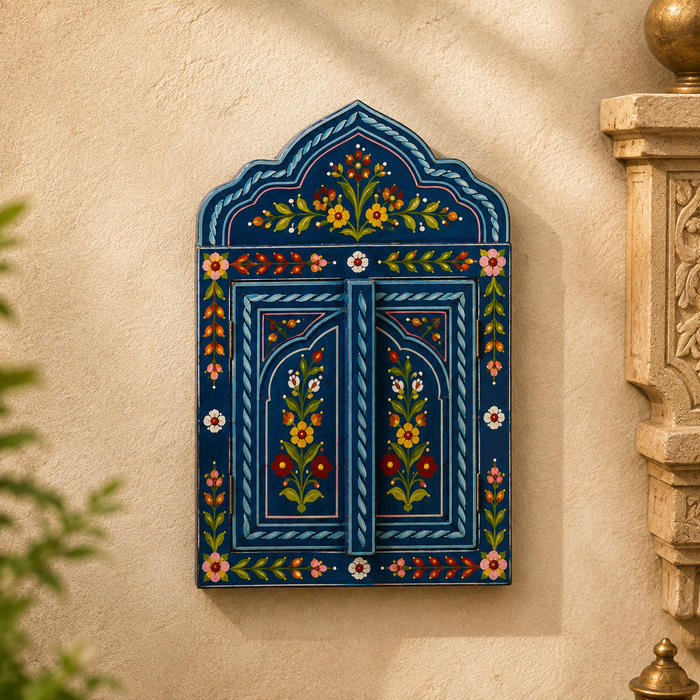 Handcrafted Wooden Floral Jharokha Wall Decor, Traditional Indian Wall Art