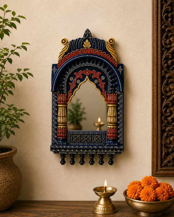 Handcrafted Wooden Jharokha Mirror Wall Decor, Traditional Indian Wall Art