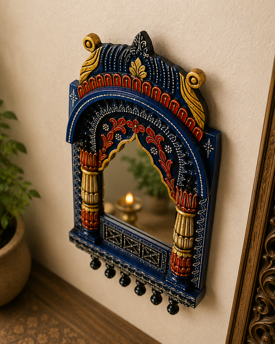Handcrafted Wooden Jharokha Mirror Wall Decor, Traditional Indian Wall Art