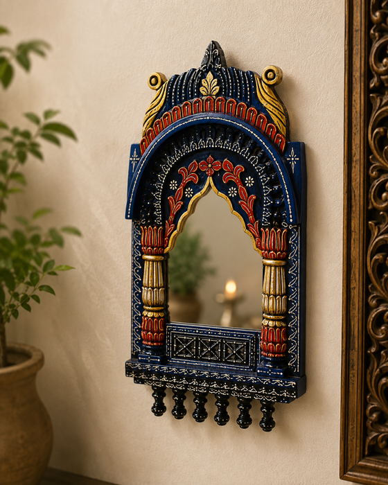 Handcrafted Wooden Jharokha Mirror Wall Decor, Traditional Indian Wall Art