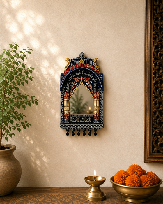 Handcrafted Wooden Jharokha Mirror Wall Decor, Traditional Indian Wall Art
