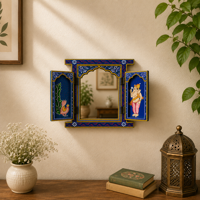Hand Painted Wooden Jharokha Wall Decor | Ganesha Rajasthani Wall Art