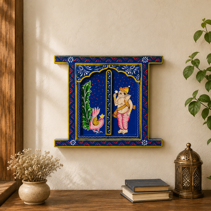 Hand Painted Wooden Jharokha Wall Decor | Ganesha Rajasthani Wall Art
