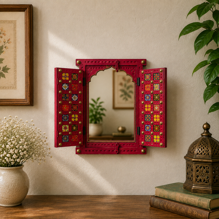 Handmade Wooden Jharokha Wall Decor, Indian Patchwork Window Art