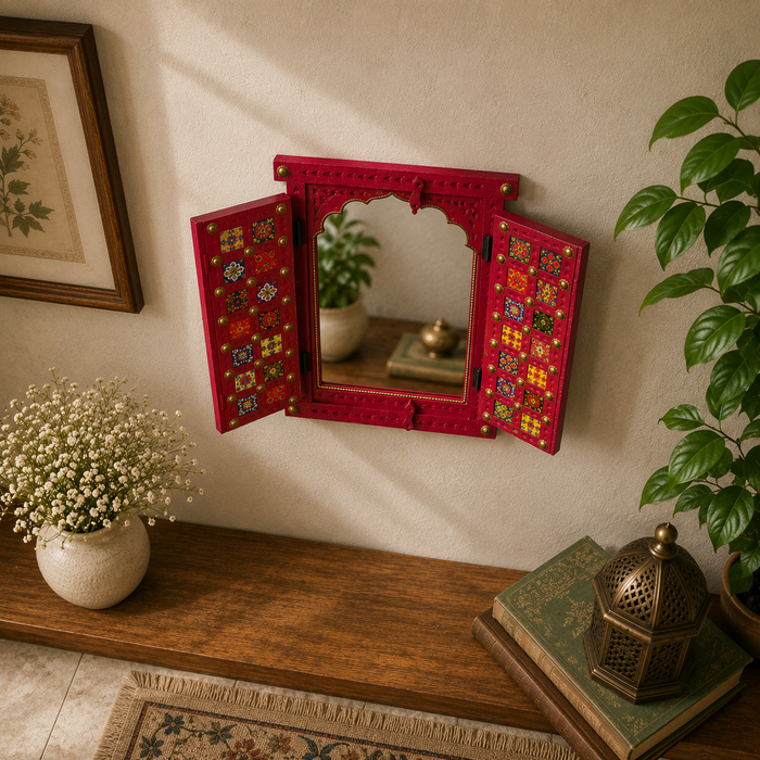 Handmade Wooden Jharokha Wall Decor, Indian Patchwork Window Art