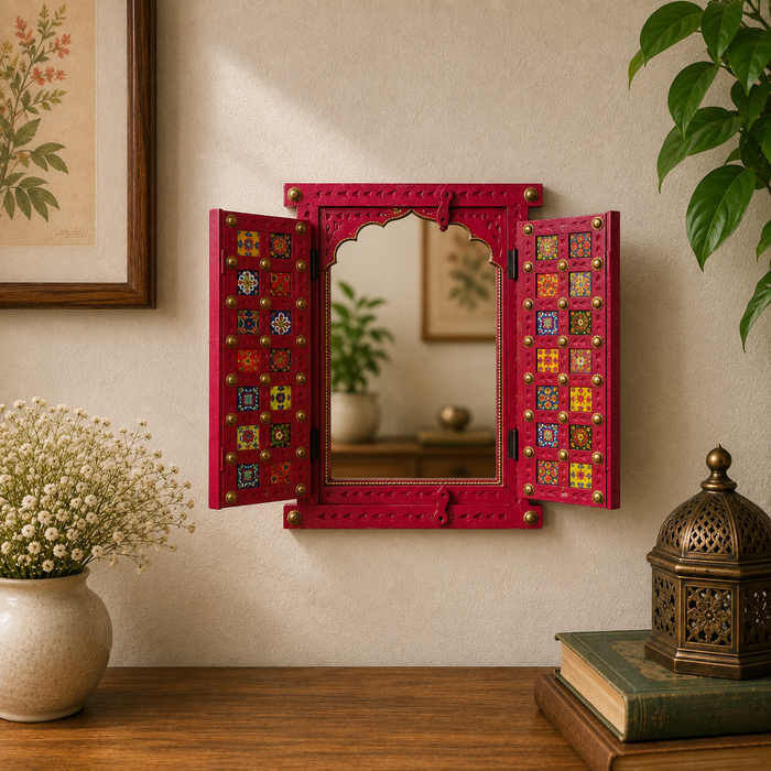 Handmade Wooden Jharokha Wall Decor, Indian Patchwork Window Art