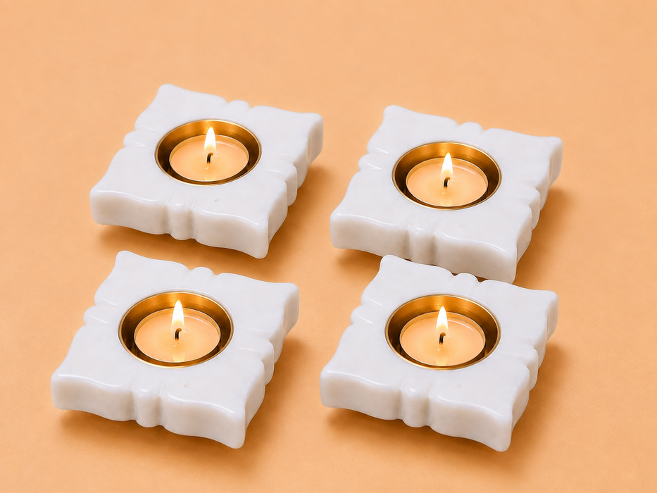Handcrafted Marble Flower-Shaped Tealight Candle Holder Set of 4, Elegant Home Decor