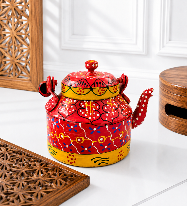 Handcrafted Metal Rajasthani Tea Set with Tray, 6 Glasses & Chai Kettle