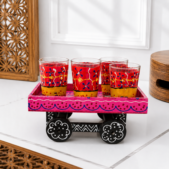 Handcrafted Metal Rajasthani Tea Set with Tray, 6 Glasses & Chai Kettle