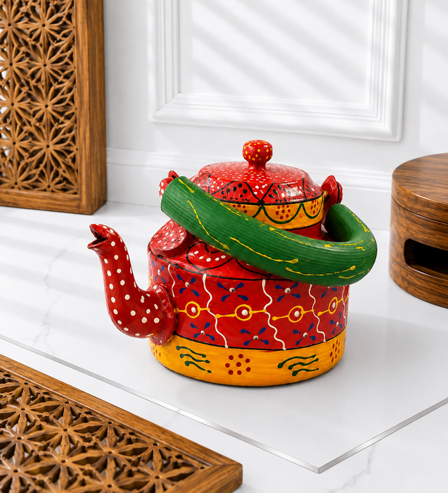 Handcrafted Metal Rajasthani Tea Set with Tray, 6 Glasses & Chai Kettle