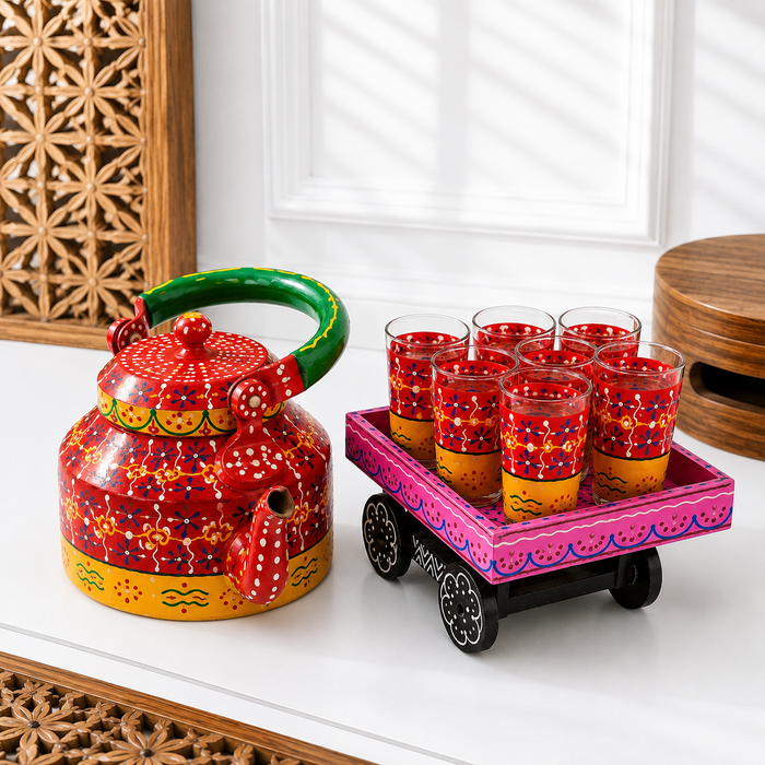 Handcrafted Metal Rajasthani Tea Set with Tray, 6 Glasses & Chai Kettle