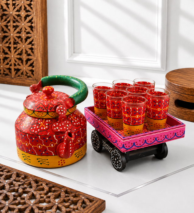 Handcrafted Metal Rajasthani Tea Set with Tray, 6 Glasses & Chai Kettle