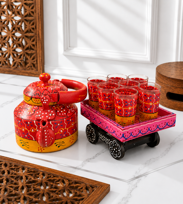Handcrafted Metal Rajasthani Tea Set with Tray, 6 Glasses & Chai Kettle