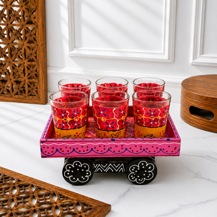 Handcrafted Metal Rajasthani Tea Set with Tray, 6 Glasses & Chai Kettle