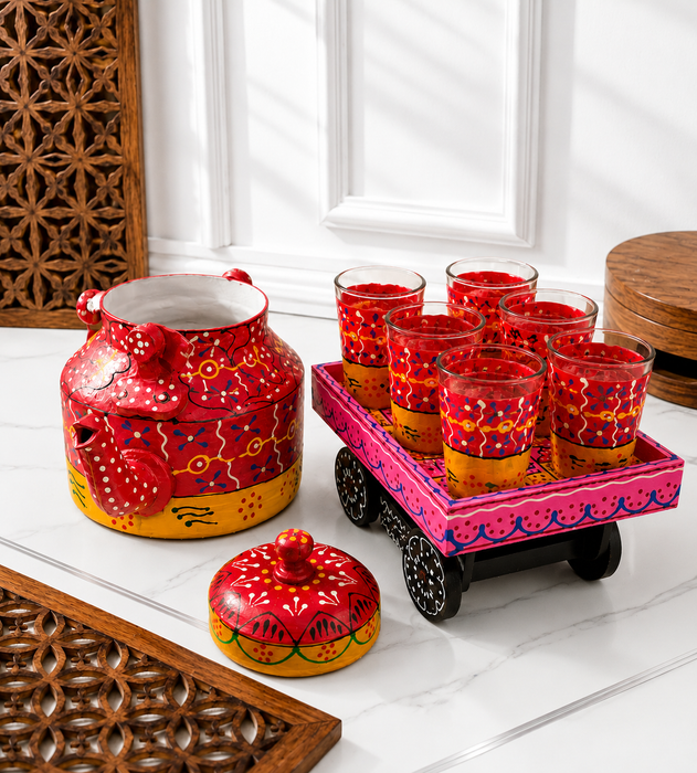 Handcrafted Metal Rajasthani Tea Set with Tray, 6 Glasses & Chai Kettle