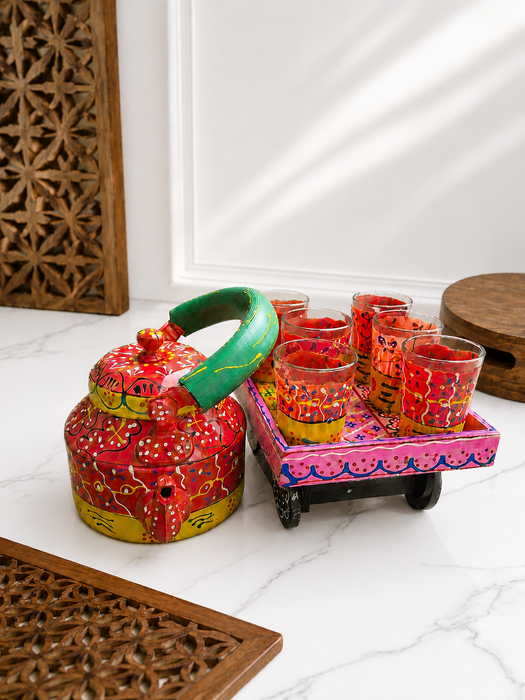 Handcrafted Metal Rajasthani Tea Set with Tray, 6 Glasses & Chai Kettle