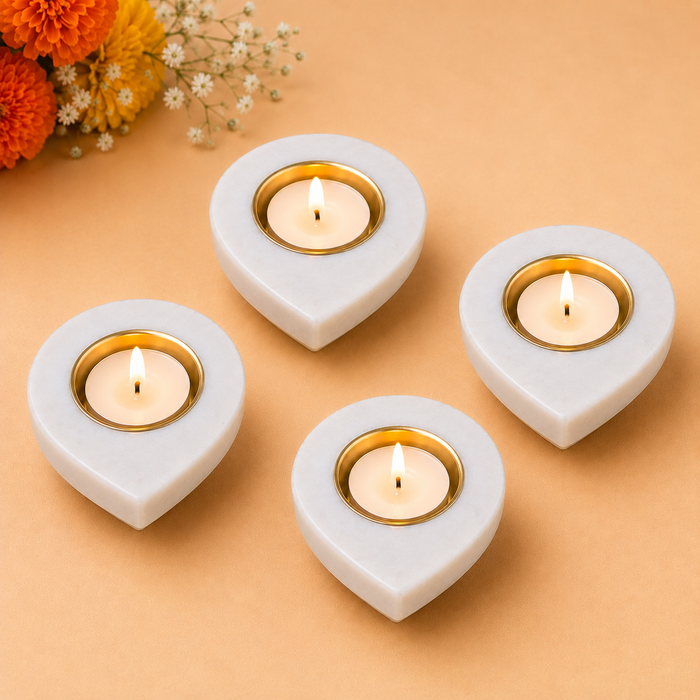 Set of 4 Handmade Marble Diyas with Golden Candle Holder, Decorative Indian Diya Set