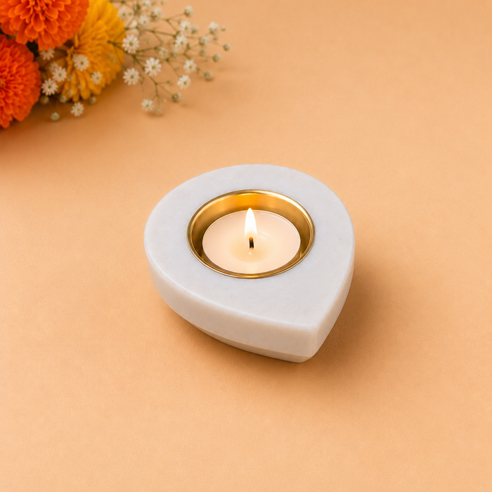 Set of 4 Handmade Marble Diyas with Golden Candle Holder, Decorative Indian Diya Set