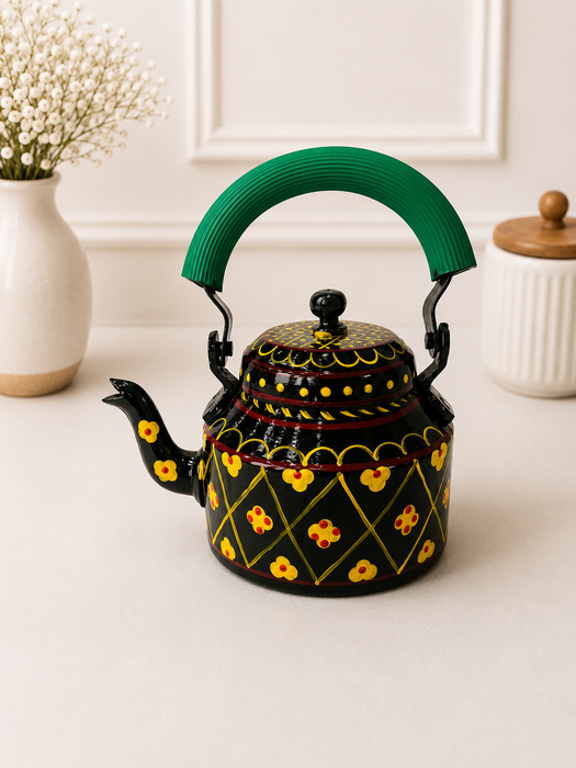 Handcrafted Metal Black Tea Set with Tray, 6 Glasses & Chai Kettle