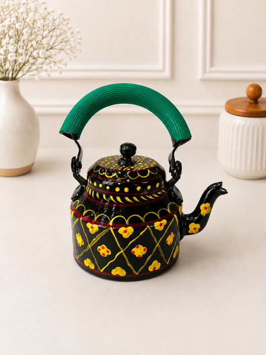 Handcrafted Metal Black Tea Set with Tray, 6 Glasses & Chai Kettle