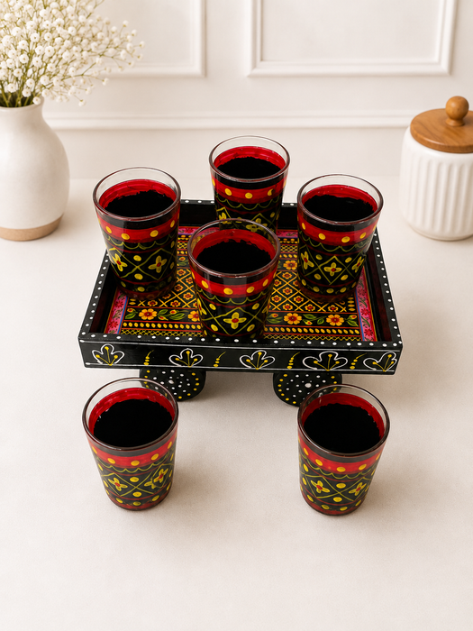 Handcrafted Metal Black Tea Set with Tray, 6 Glasses & Chai Kettle