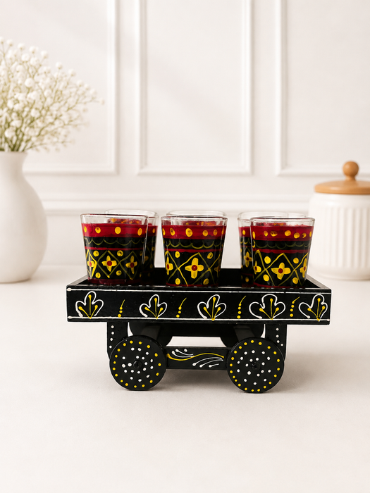 Handcrafted Metal Black Tea Set with Tray, 6 Glasses & Chai Kettle