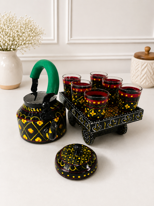 Handcrafted Metal Black Tea Set with Tray, 6 Glasses & Chai Kettle