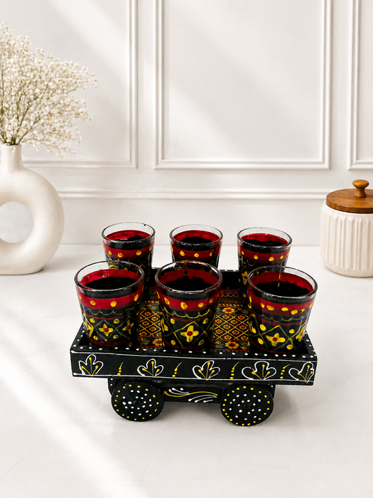 Handcrafted Metal Black Tea Set with Tray, 6 Glasses & Chai Kettle
