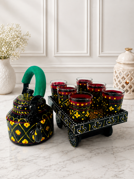 Handcrafted Metal Black Tea Set with Tray, 6 Glasses & Chai Kettle